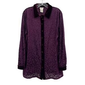 Vintage Koret Purple Sheer Printed Long Sleeve Top Sz XLarge Whimsigoth Dark 90s